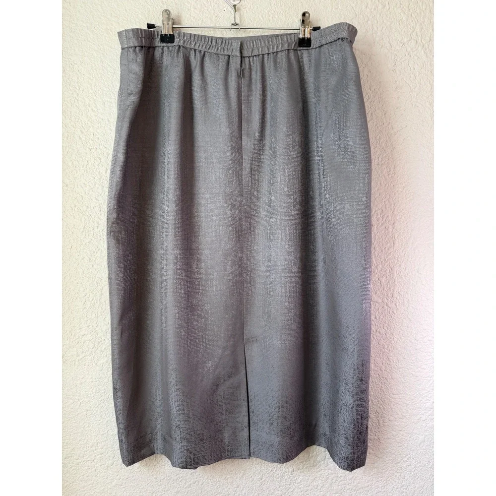 Gray 100% Silk Textured Midi Skirt Silver Shimmer Straight Pencil Plus Size 16‎